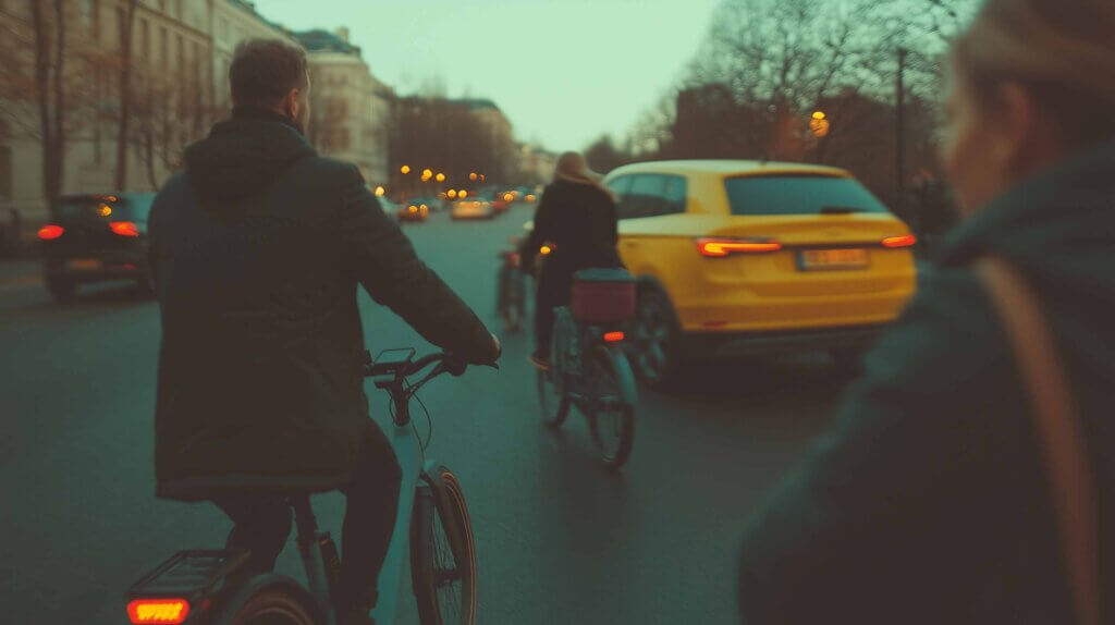 Människor följer trafikregler och lagar när de cyklar genom stadstrafik
