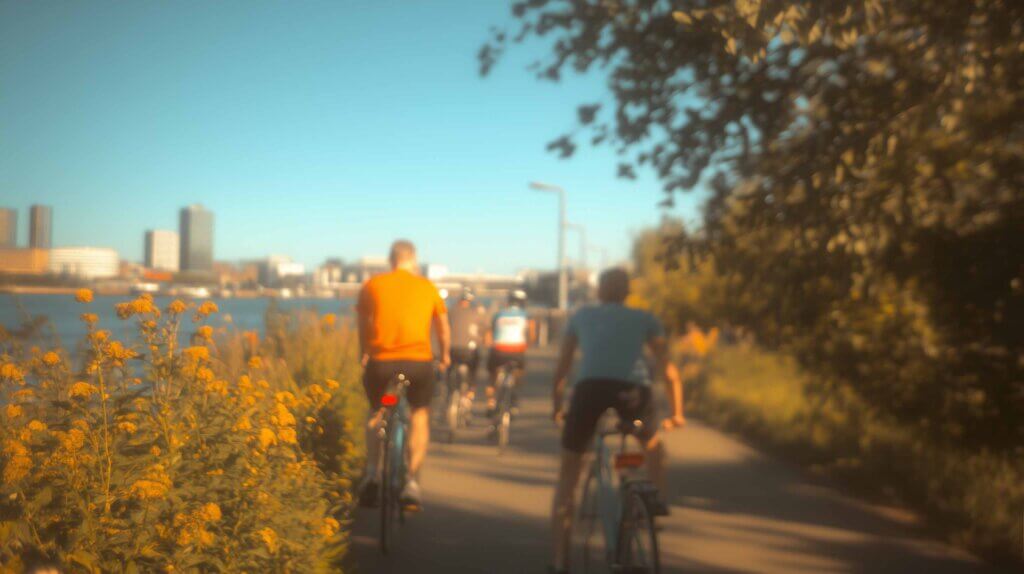 Manliga cyklister som cyklar bort från kameran på förmånscykel i soligt väder.