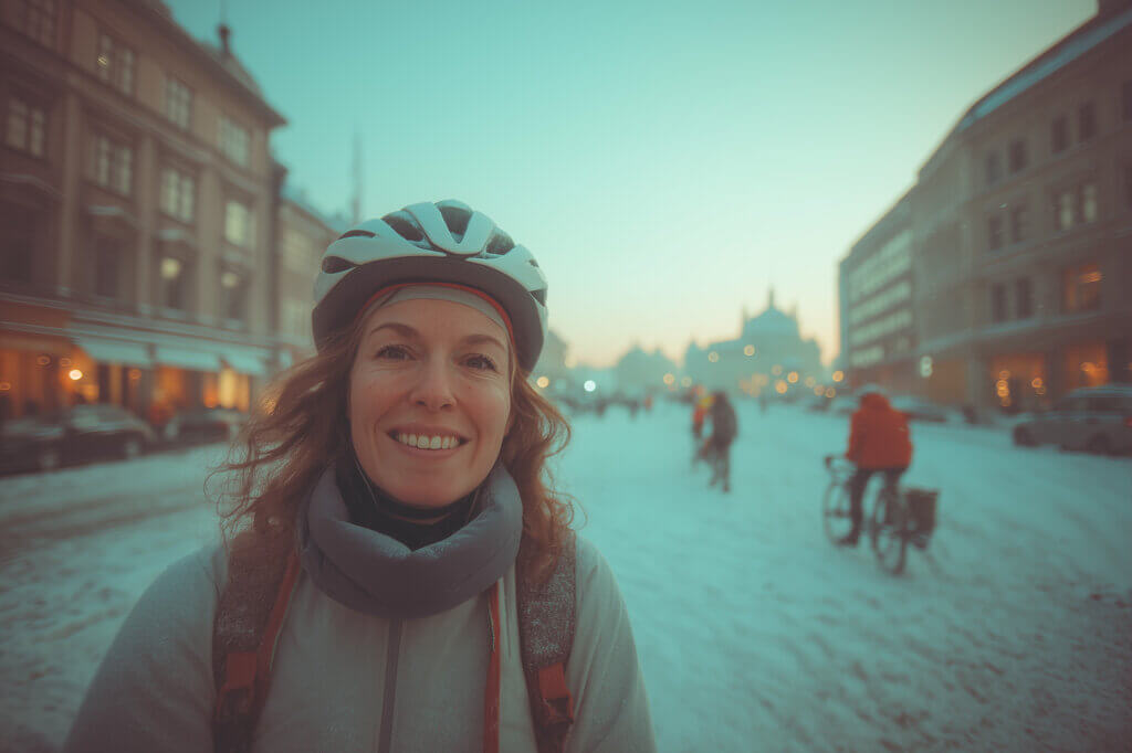 En glad kvinna som är elcyklist med cykelhjälm som tittar in i kameran
