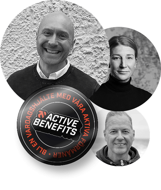 Teammedlemmarna Martin, Anna och Philip från Active Benefits med kampanjbudskapet 'Bli en vardagshjälte'.