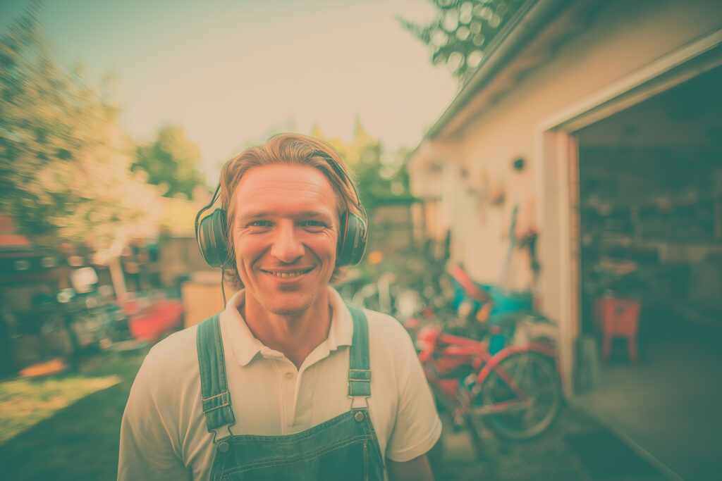A man smiling at the camera. Swedish garden in the background.