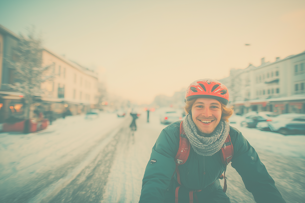 En man cyklar på en snötäckt väg
